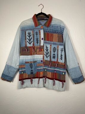 Parlsley & Sage Chambray Denim Patchwork Chore Coat Size XL Boho Cottage Indie